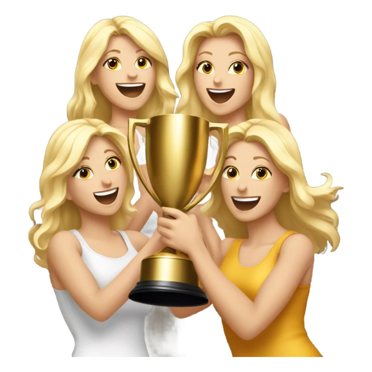 Six beautiful blonde women celebrating with a huge gold trophy sticker