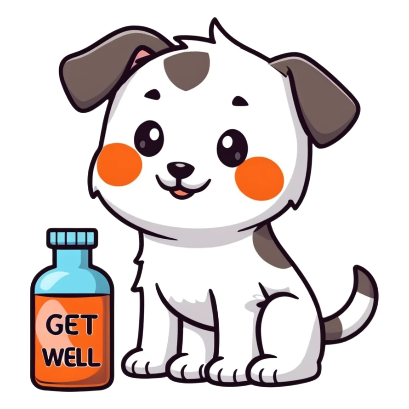 cute puppy with medicine bottle and get well soon message sticker
