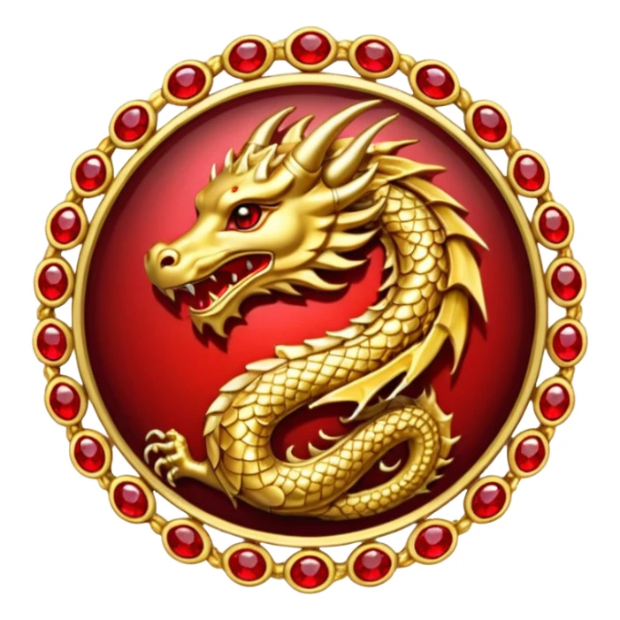 Golden Dragon with wings crest/brosch in a circle with red gems sticker