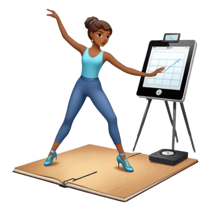 Icon for Choreography: a dance studio floor with a choreographer demonstrating movements, a dance notebook, and a metronome. The icon should capture the creative and structured process of choreographing dances. Transparent background. sticker