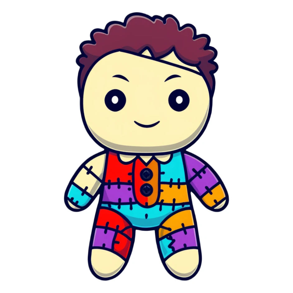 A colorful voodoo doll with patchwork fabric in bright colors, decorative buttons for eyes, and colorful pins sticking out of it sticker