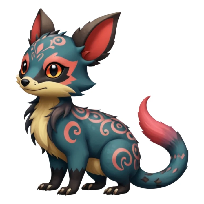 Rare warm-colored exotic cute epic aesthetic gothic colorful Salandit-Eevee-Civet-species-Fakemon-hybrid-creature, with intricate tattoo markings, full body sticker
