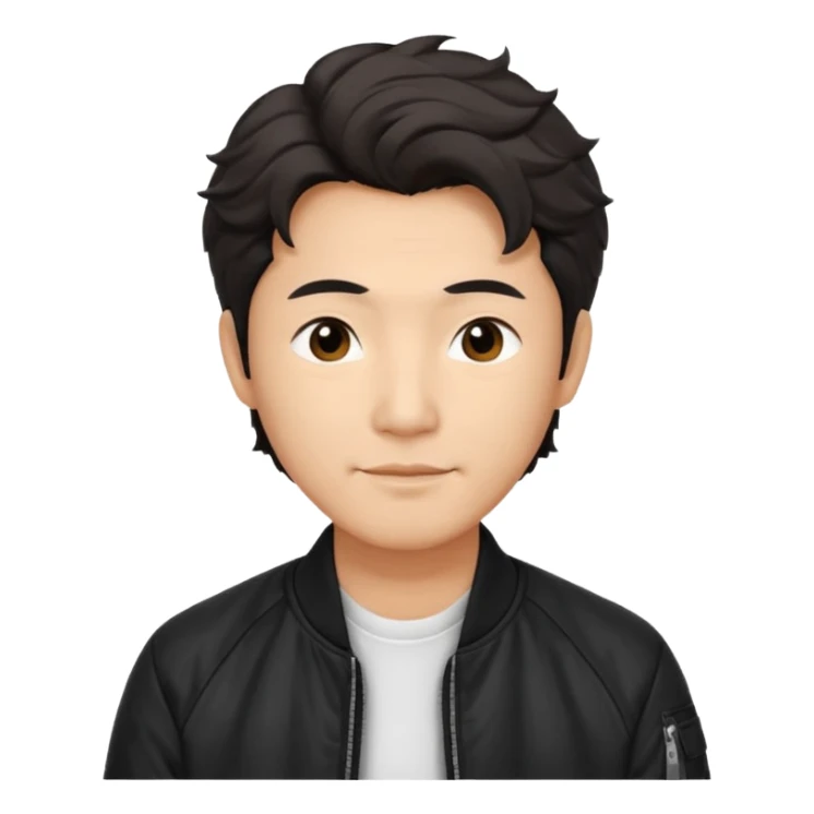 Handsome and mature Asian guy wavy hair, dressed cool in black bomber jacket, demure but with a smirk  sticker