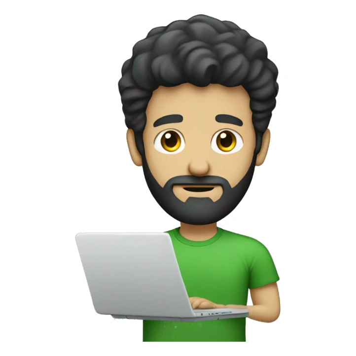 white guy with beard black hair thin face typing in laptop wearing green t-shirt sticker