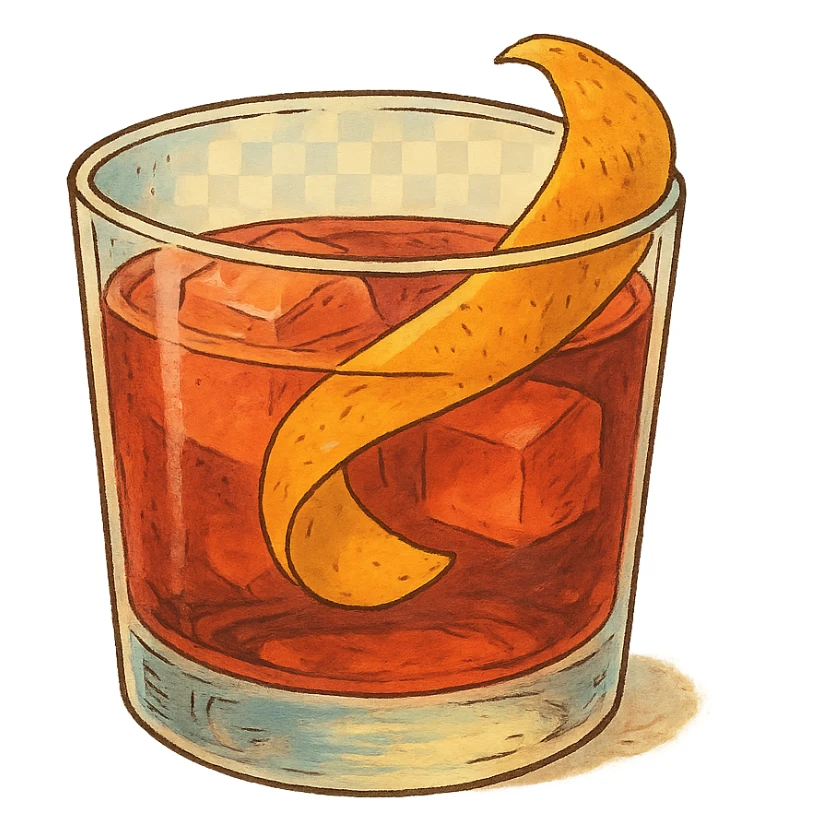 ghibli style negroni cocktail glass with orange peel sticker