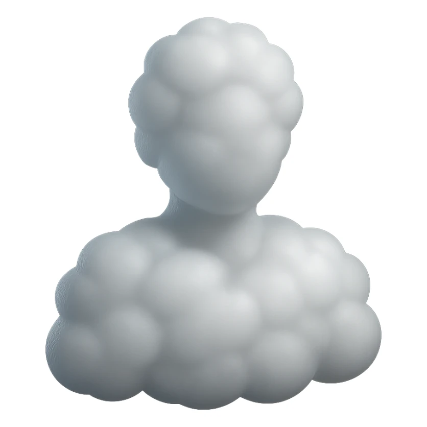 shoulder-up person fully made of white fluffy convex clouds, matte glass style sticker