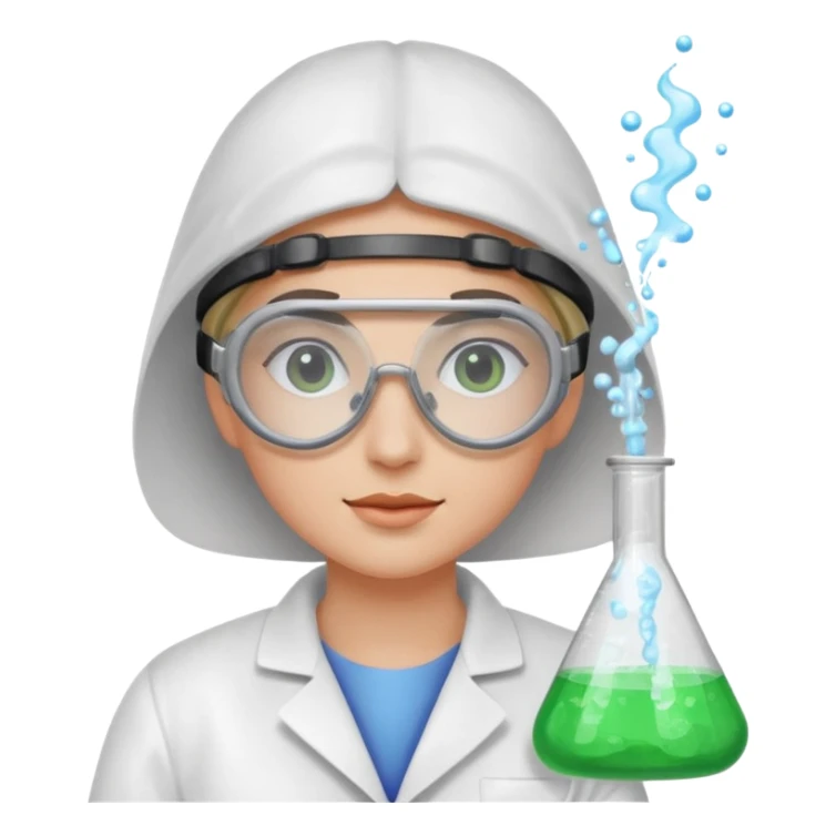 A person wearing safety goggles and a white coat is experimenting with chemicals. sticker