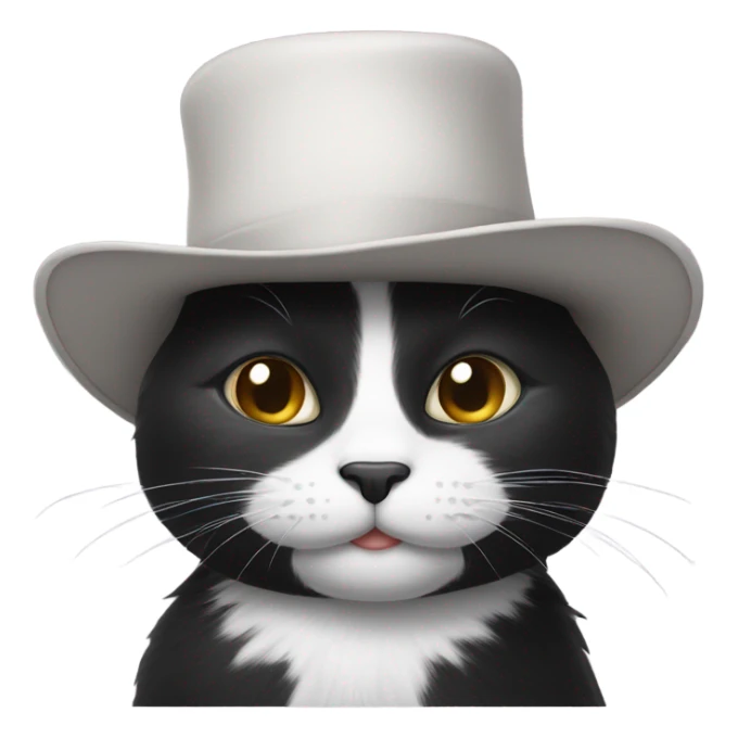 black and white cat with hat and a mustache sticker