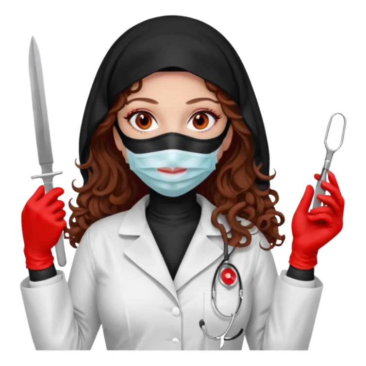 


Scary woman scalpel in hand, evil surgeon sexy surgeon clothes.  She has redcolored  eyes. Her  hair only is free ne brown long curly hair. Wears sexy doctor outfit with red gloves. make her wear full Muslim burka to mask and nose mouth mask  to hide. Wears white surgeon coat, wears  stilettos sticker