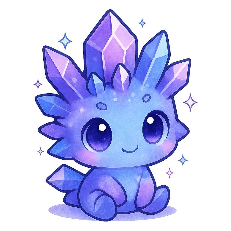 kawaii chibi style crystal sprite creature, purple, blue, and pink, sitting pose, cute and magical sticker