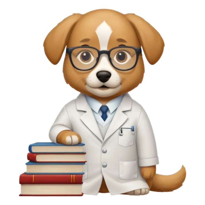 Wise dog with glasses, wearing a lab coat, perched on a stack of books. sticker