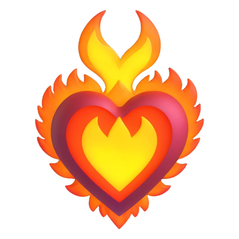 fiery heart with bright flames and a glowing center sticker