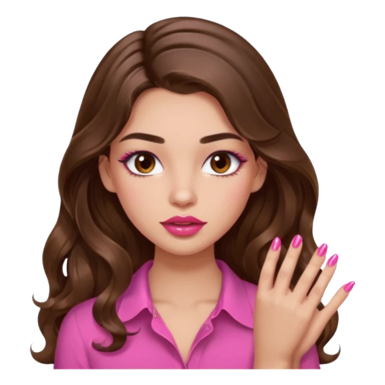 girl with long wavy brown hair, brown eyes, light to medium complexion, in a pink shirt, pink lips, long lashes, puckered lips, showing off painting nails sticker