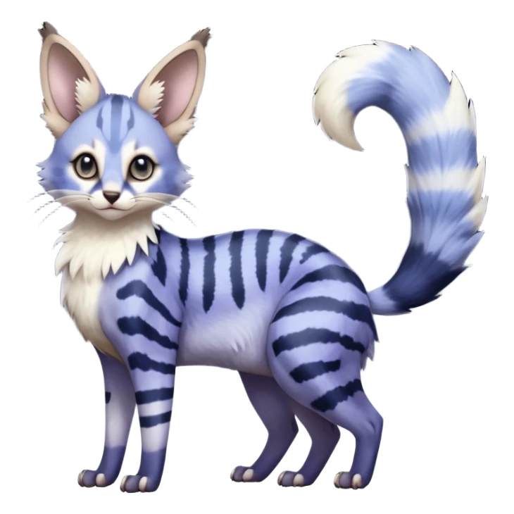  Realistic dull gloomy-dark-deep-grayish-indigo-violet-gradients fur with random markings beautiful elegant pretty precious cute  Fakémon-Pokémon-opossum-feline-serval-caracal-chinchilla-Minccino-hybrid-creature with a big fluffy bushy striped tail (full body) sticker