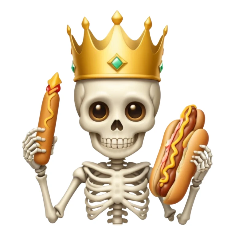 A cute skeleton wearing crown and holding hot dog sticker