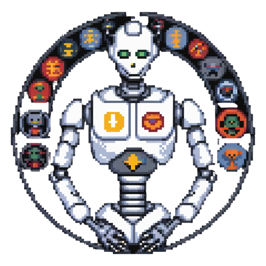 Pixel art of a robot man with a circular chest divided into four segments showing icons for visual art, music, theater, and literature sticker