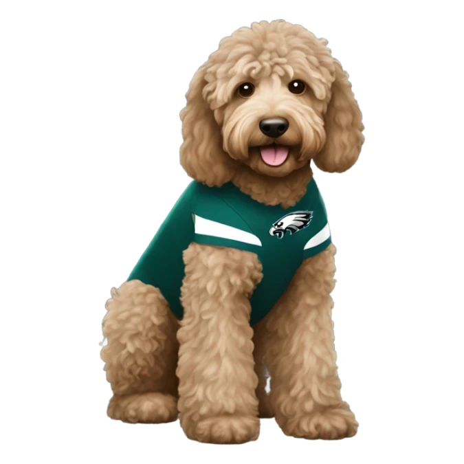 Light brown Labradoodle wearing a Philadelphia eagles shirt sticker