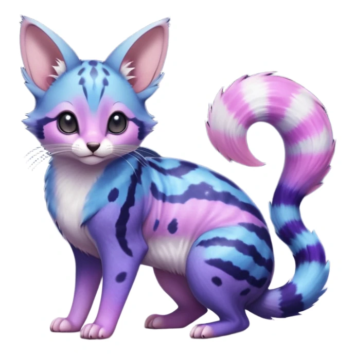 Hyper-realistic nebulae starry glittery shiny smooth soft Blue-indigo-purple-pink-violet-gradients divine beautiful elegant pretty precious cute young youthful  Fakémon-Pokémon-alien-opossum-feline-serval-caracal-chinchilla-Minccino-hybrid-creature with a big fluffy bushy striped tail (full body) sticker