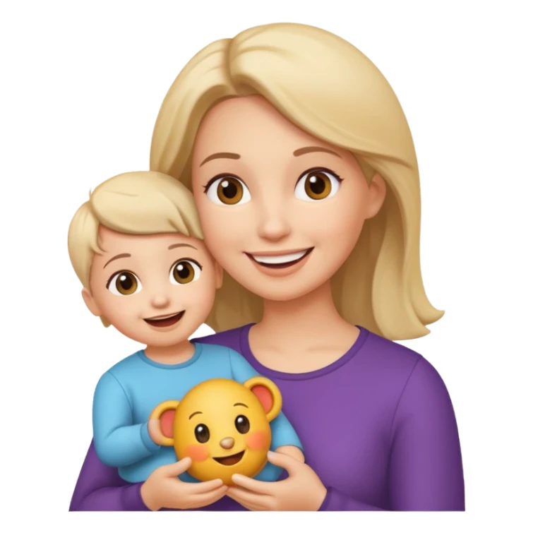 pleasanty surprised mother with child showing toy sticker