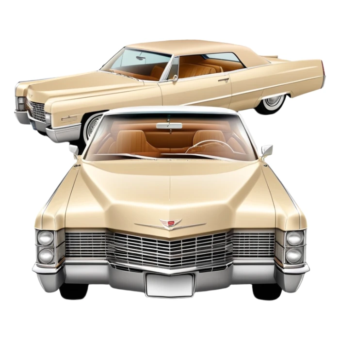 Clean-lined beige 1966 Cadillac DeVille, very minimalistic approach, 30-degree perspective, simplified iconic silhouette, Once Upon a Hollywood vehicle, iOS emoji style sticker