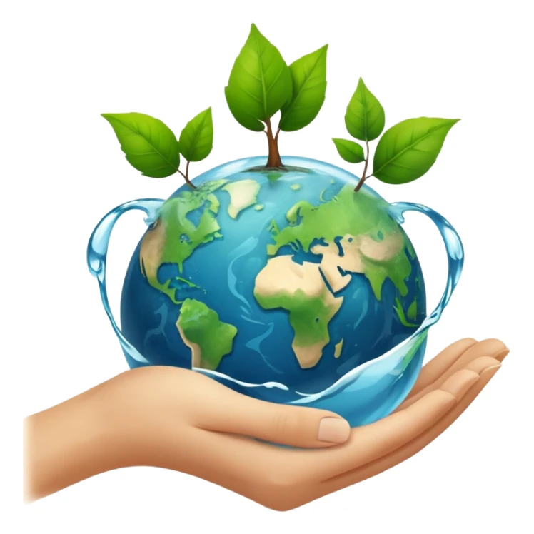 An icon featuring a green leaf, Earth held in hands, and a recycling symbol, symbolizing ecology. The design includes trees, clean water, and animals, representing environmental protection, sustainability, and ecosystems. Transparent background highlights the science of nature and conservation. sticker