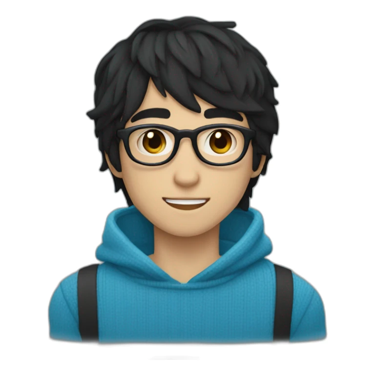 Long emo black haired boy blue eyes and black rectangle nerd glasses smiling wearing blue sweater tan skin emo bangs over right eye sticker