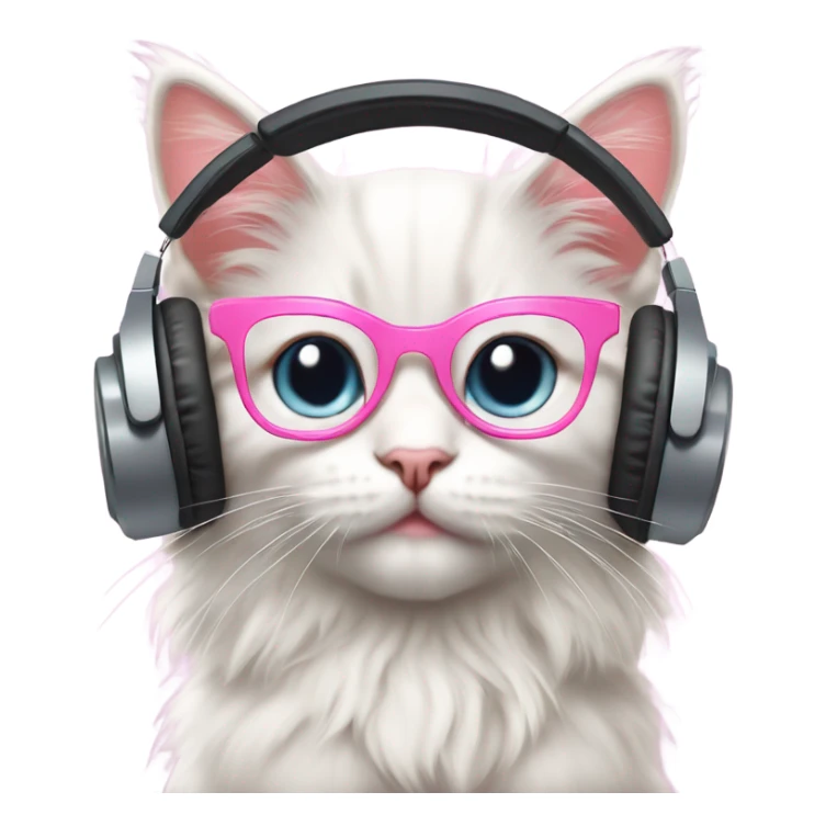 “Digital illustration of a fluffy kitten with large pink glasses and modern headphones, in emoji style, with a minimal pastel background.” sticker