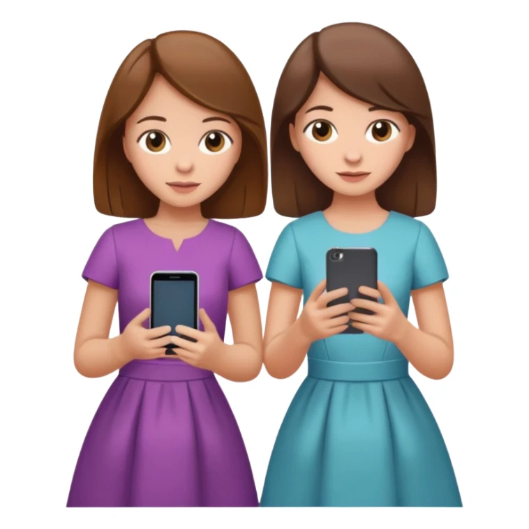 two brown haired girls, looking professional maybe leaned on each others back and looking forward and using phones, with longer hair and with some cute clothes without ties maybe dresses, one girl can hold lap top another one can hold the phone sticker