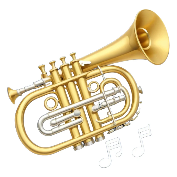 “Flat vector icon of a golden side-view trumpet with mouthpiece, bell, and three valves, thick outline, centered on a deep navy blue rounded-square (or circle); from the bell, 2–3 small white or light-blue music notes with dark outline emerge.  sticker