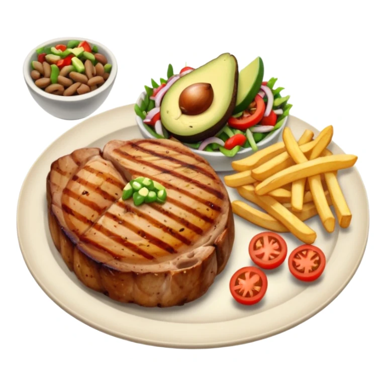 pork chops, fries, tomato onion salad, beans, and avocado on the side  sticker