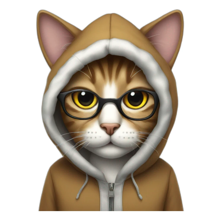 Cat wearing hood with glasses sticker