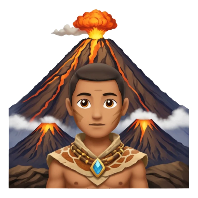 a avatar wearing ancient animal skin cloth with volcano behind, half body, icon sticker