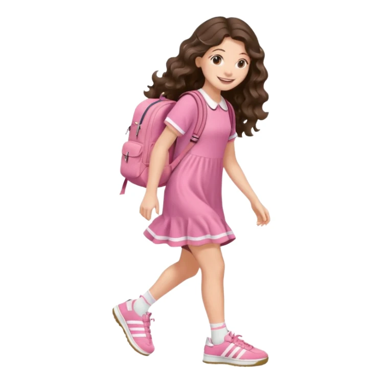 aestethic brunette very,very,very long wavy hair walking with a school backpack (no brand) with a cute pink dress, adidas samba shoes sticker