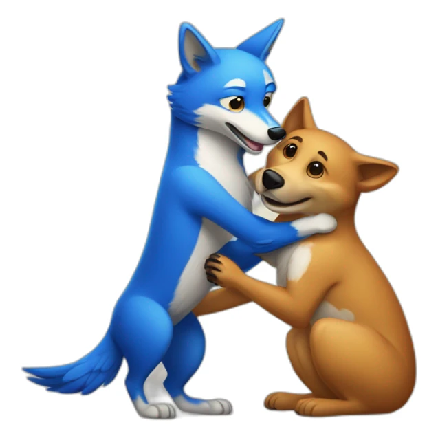 Anthropomorphic dingo giving an anthropomorphic blue bird a hug sticker