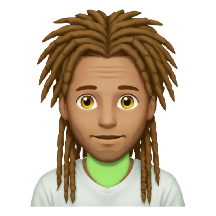 man with brown dreads covering forehead white tee golden eyes light green skin  and white smile sticker
