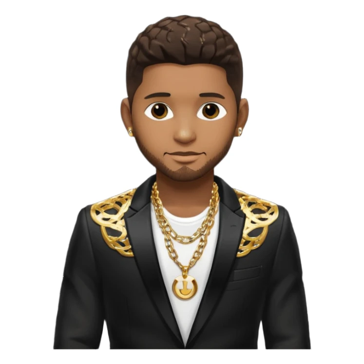 Usher with dark brown hair, black sequin suit jacket, shirtless with necklace sticker