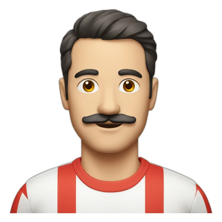 man with red and white stripe t short and moustache sticker