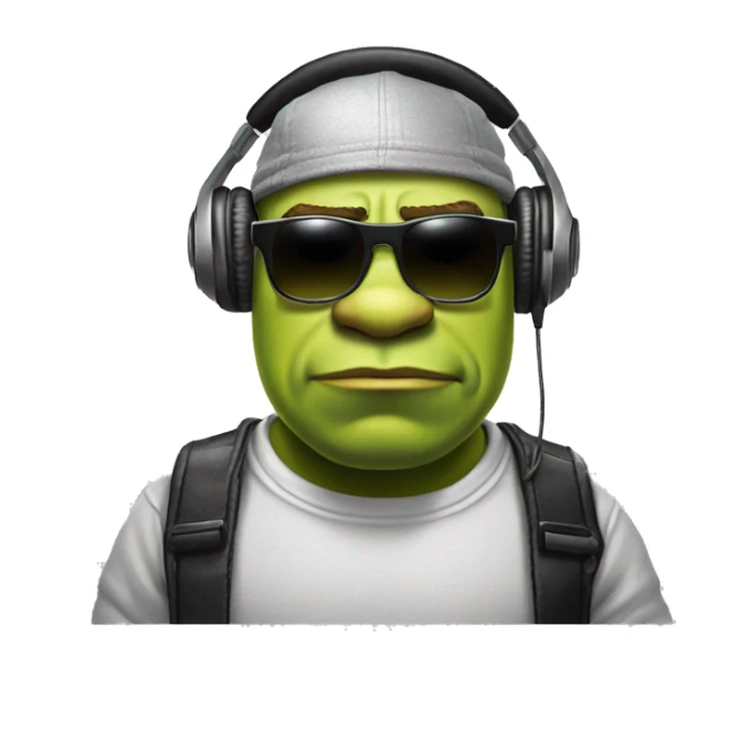 shrek very serious being a dj, with a cap and sunglasses with silver lenses sticker