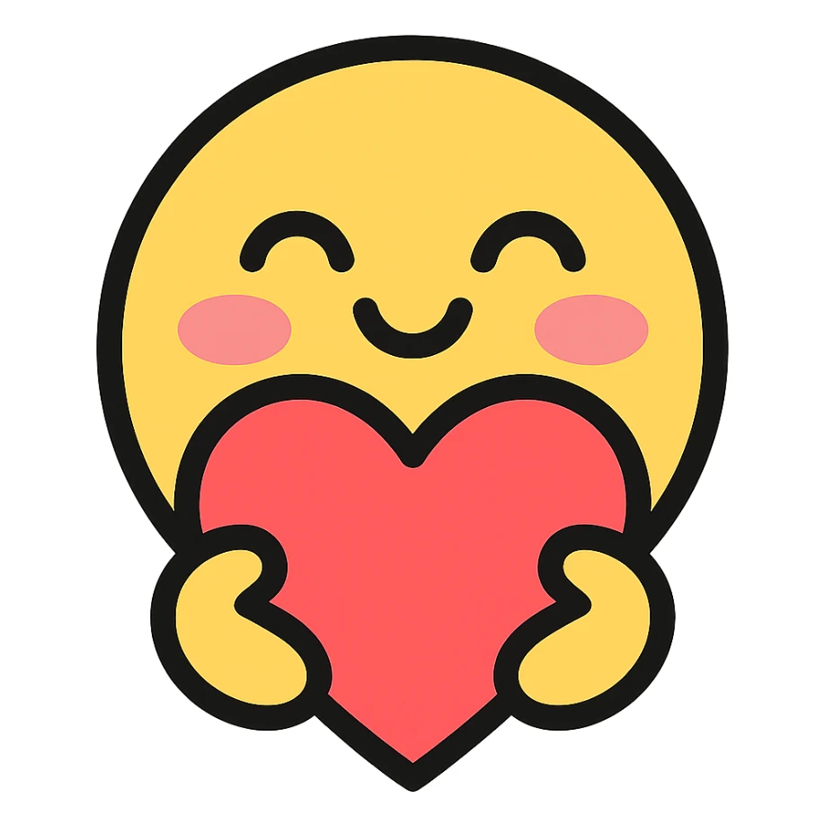 cute loving emoji with blushing cheeks, hugging a heart, playful expression sticker