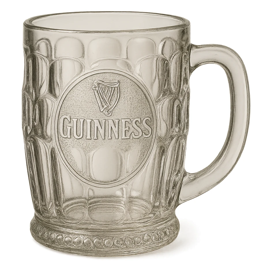 an empty vintage Guinness tankard, ornate glass, no beer inside sticker