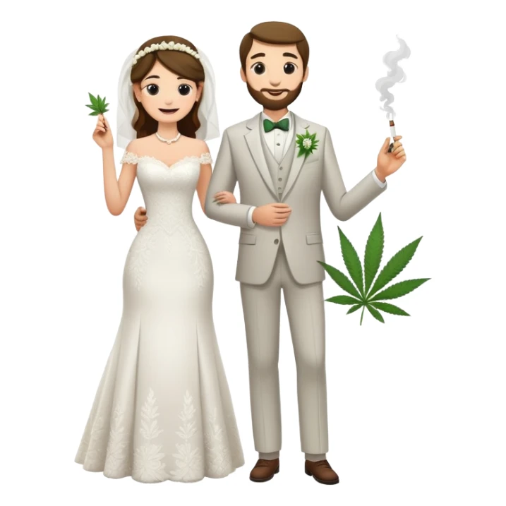 Wedding bride and groom, full body, smoking cannabis together, happy faces sticker