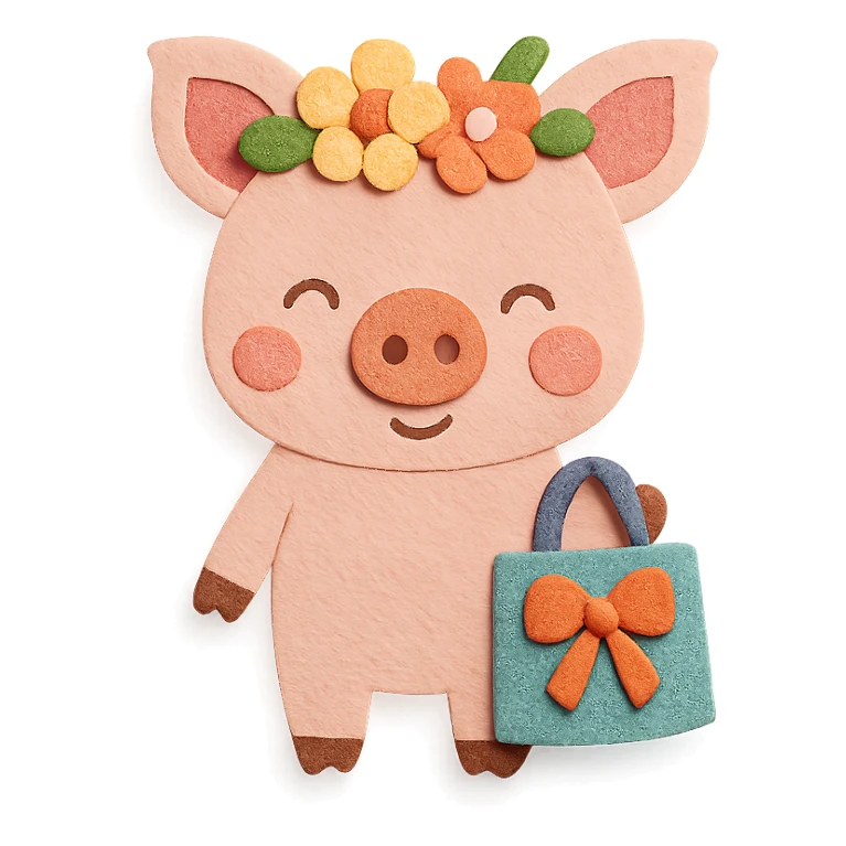piglet with flower crown and gift bag, paper-craft style sticker