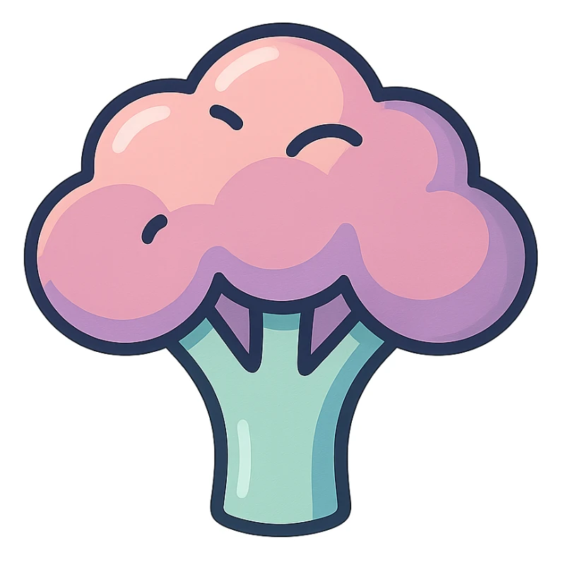 broccoli, volumetric 2D image, icon-color-outlined style, thin clean contours, soft rounded shapes, pastel palette #98B5BC, #B5B3C1, #C9A3C9, #E4C0CA, #F7DCD1, #F7C0AA, detailed shadows and highlights, soft lighting, transparent background, no decor sticker