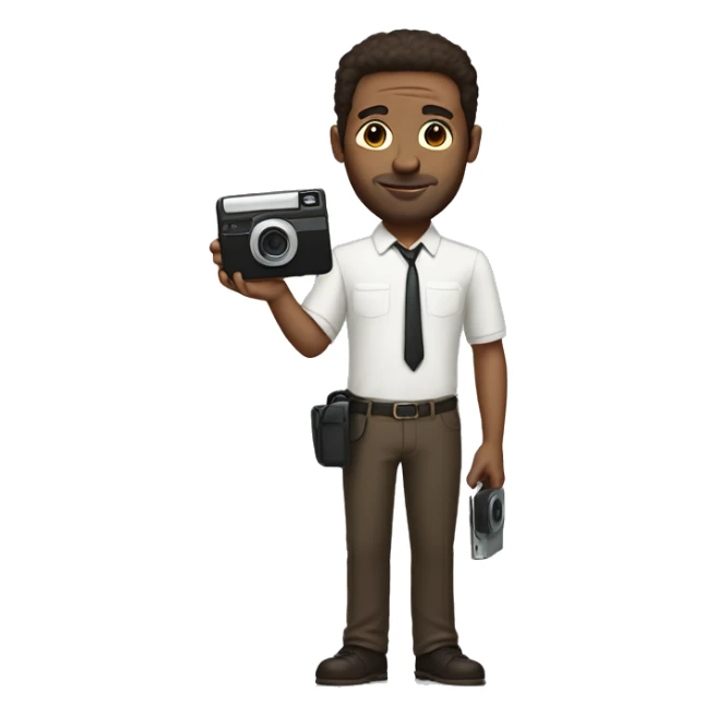 tall white man with dark brown hair holding a polaroid camera sticker