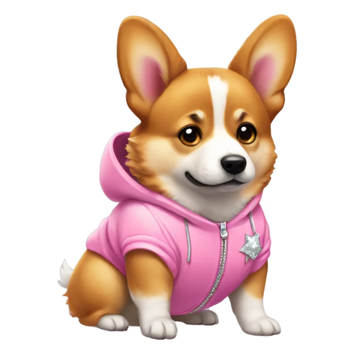 Corgie wearing a fuzzy pink tracksuit with diamonds sticker