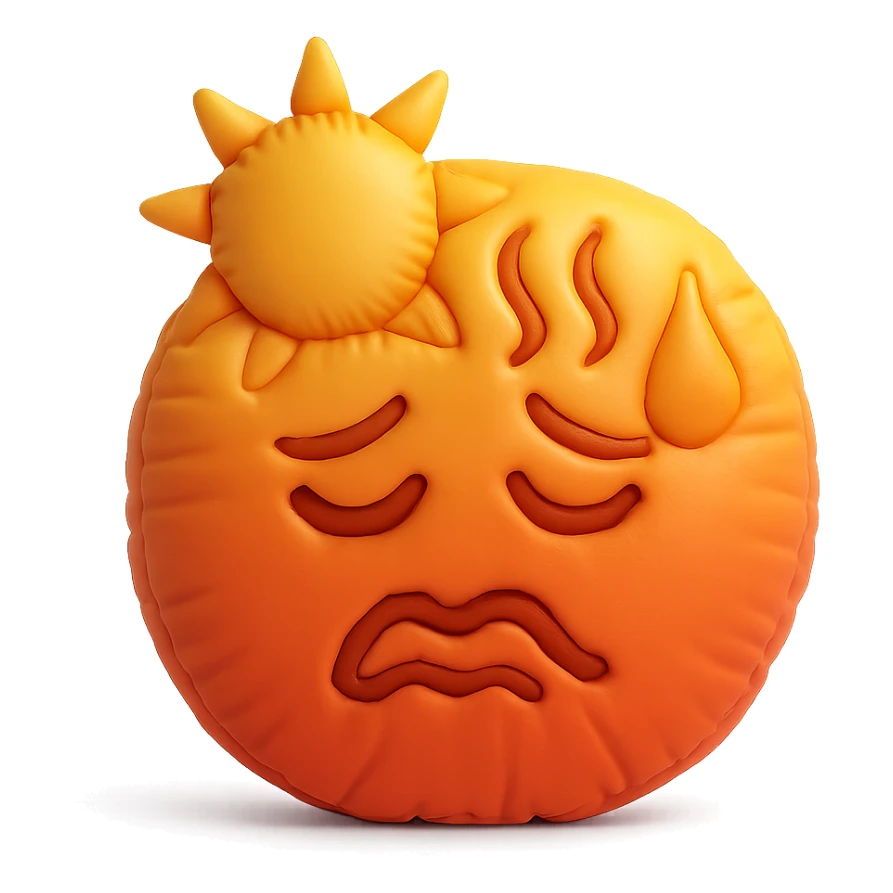 hot emoji with sun and heat waves, red and orange tones, soft plush cushion style sticker