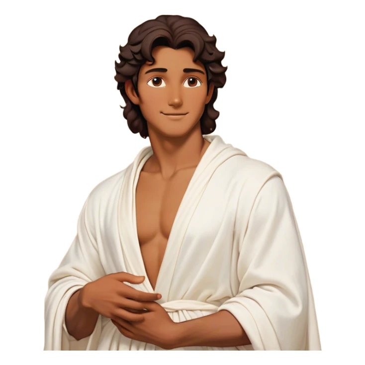 Cinematic Realistic Hercules Portrait, head tilted playfully and inquisitively, showcasing a charming blend of Disney heroic charisma and the refined grace of Michelangelo's David. His sun-kissed bronze skin and thick, wavy dark hair are rendered with classical precision, complementing a warm, inviting smile and sparkling, mischievous eyes. Clad in a softly draped white robe with subtle golden details, he exudes approachable strength under gentle, natural lighting. sticker