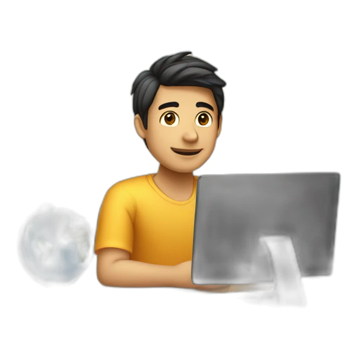 Un chico joven sentado esperando en un escritorio junto a una PC  sticker