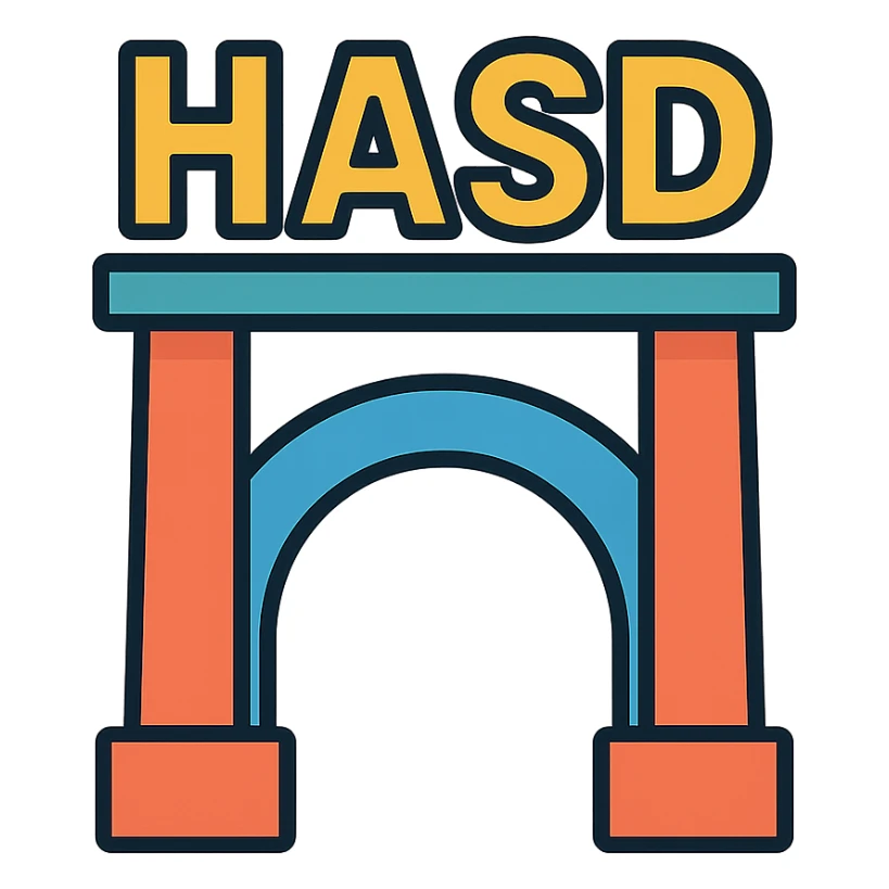 stylized bridge with the text 'HASD' standing on top, clear and readable, bold and prominent text, icon style sticker