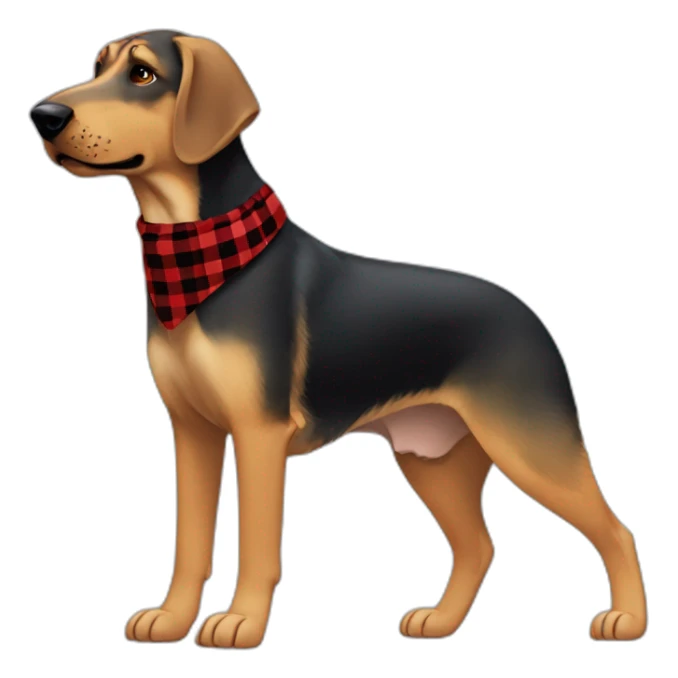 adult 75% Coonhound 25% German Shepherd mix dog with visible tail wearing small pointed red buffalo plaid bandana full body walking left quickly sticker